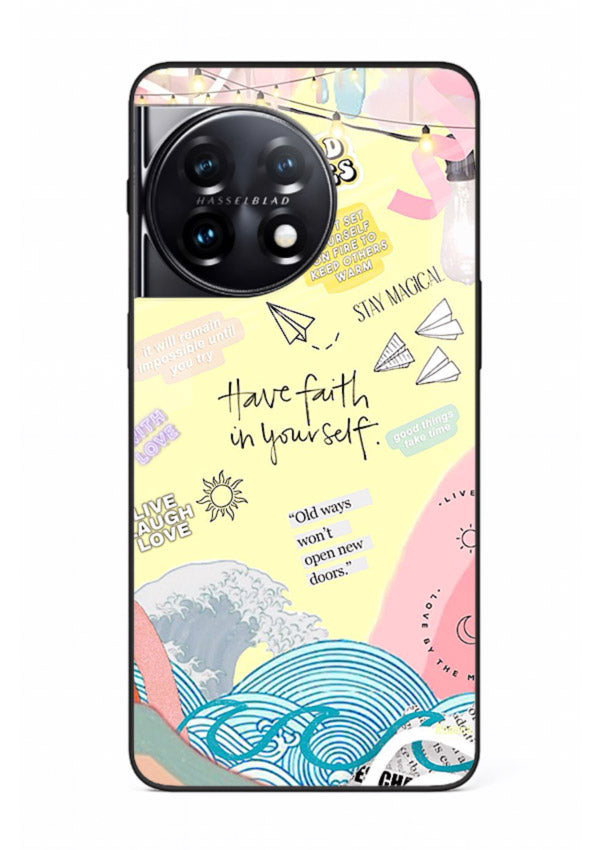Pastel rainbow arc artwork printed on OnePlus 11R glass back cover with dreamy tones.