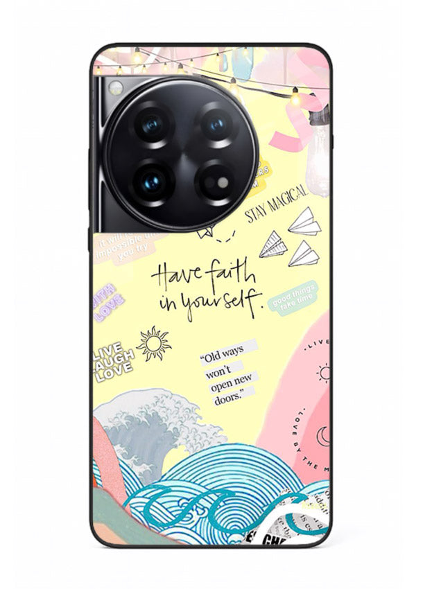 Pastel rainbow arc artwork printed on OnePlus 12 glass back cover with dreamy tones.