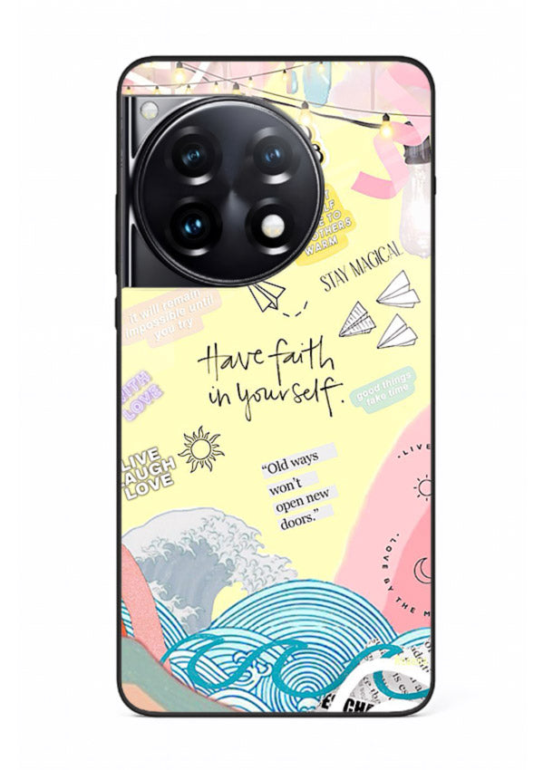 Pastel rainbow arc artwork printed on OnePlus 12R glass back cover with dreamy tones.