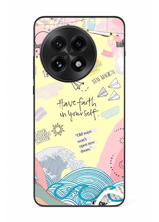 Pastel rainbow arc artwork printed on OnePlus 13 glass back cover with dreamy tones.