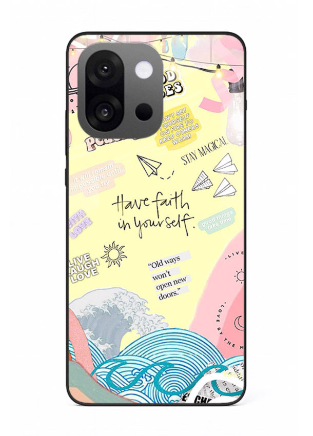 Pastel rainbow arc artwork printed on OnePlus 13s glass back cover with dreamy tones.