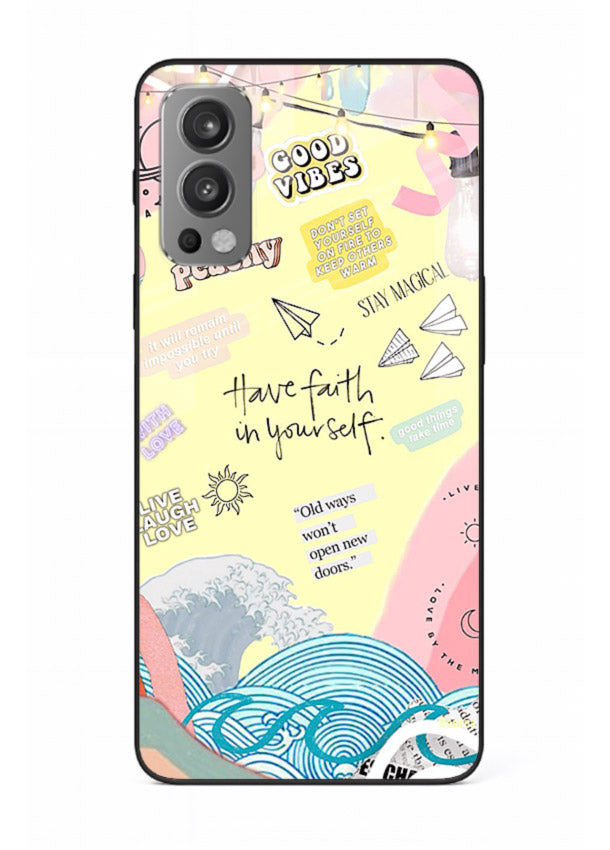 Pastel rainbow arc artwork printed on OnePlus Nord 2 glass back cover with dreamy tones.