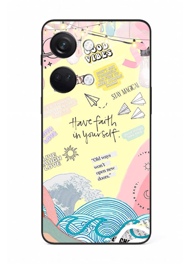 Pastel rainbow arc artwork printed on OnePlus Nord 3 glass back cover with dreamy tones.