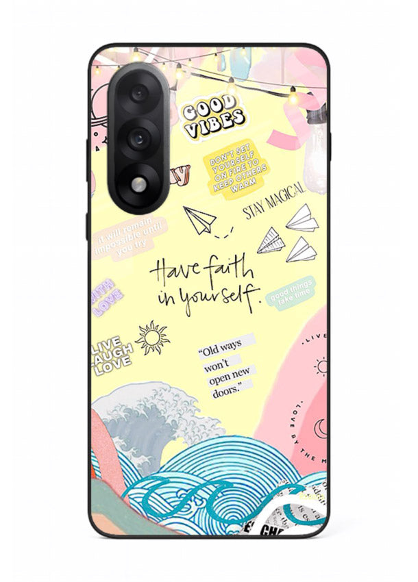 Pastel rainbow arc artwork printed on OnePlus Nord 5 glass back cover with dreamy tones.