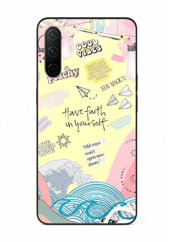 Pastel rainbow arc artwork printed on OnePlus Nord CE 5G glass back cover with dreamy tones.