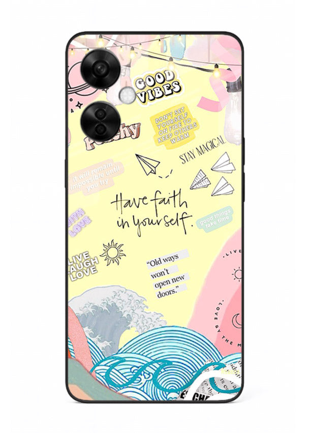 Pastel rainbow arc artwork printed on OnePlus Nord CE3 Lite glass back cover with dreamy tones.