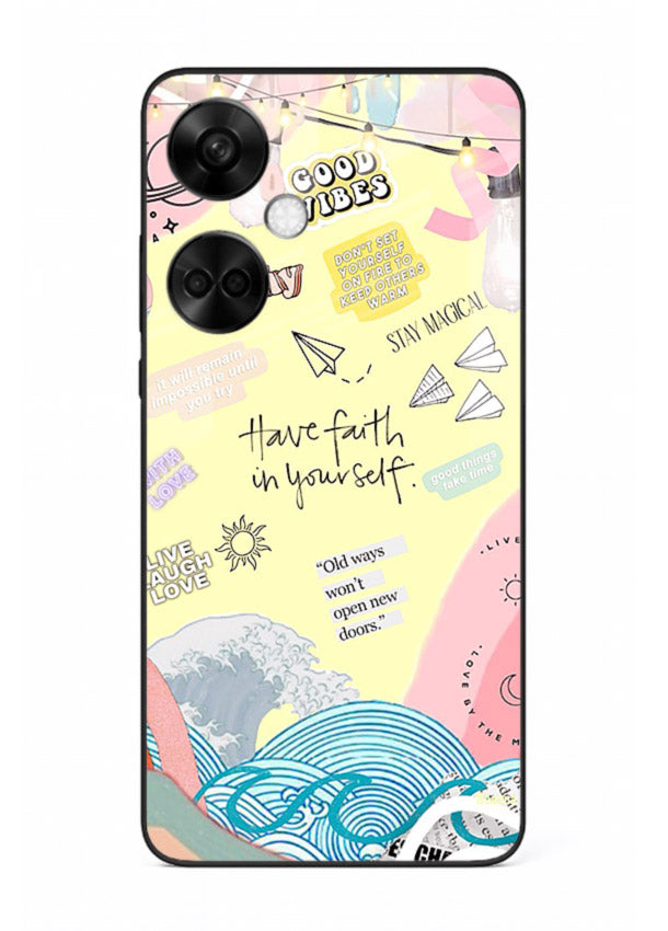 Pastel rainbow arc artwork printed on OnePlus Nord CE3 glass back cover with dreamy tones.
