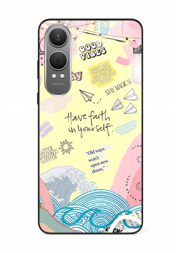 Pastel rainbow arc artwork printed on OnePlus Nord CE4 Lite glass back cover with dreamy tones.