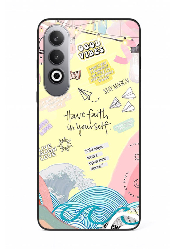 Pastel rainbow arc artwork printed on OnePlus Nord CE4 glass back cover with dreamy tones.
