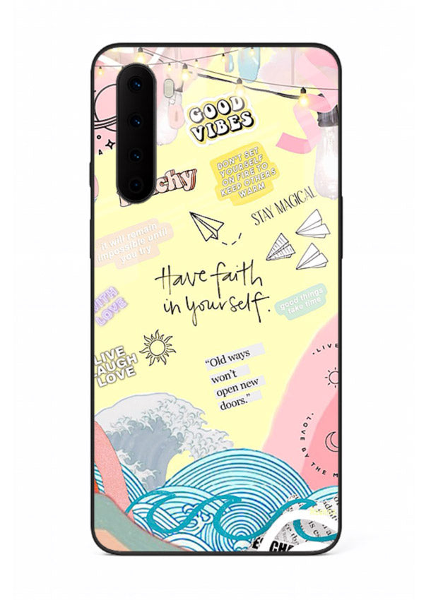 Pastel rainbow arc artwork printed on OnePlus Nord glass back cover with dreamy tones.