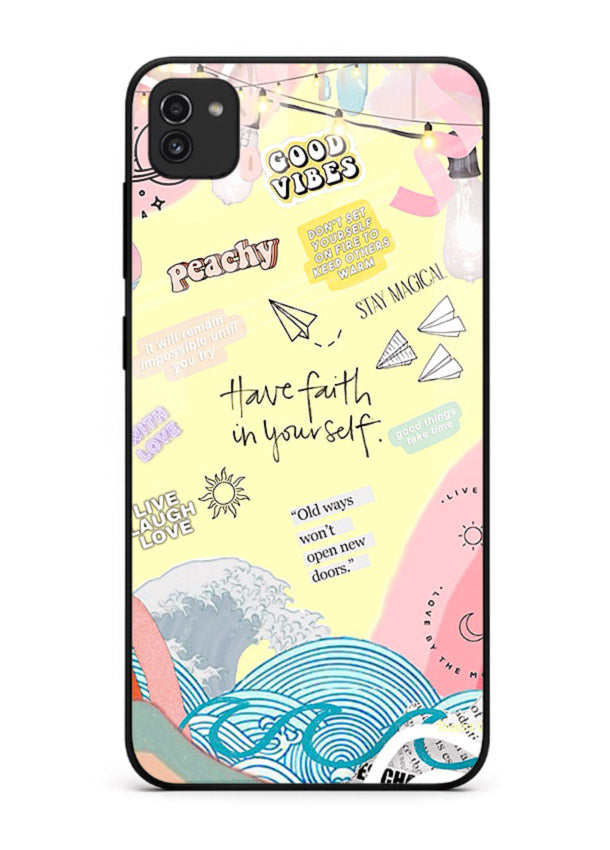 Pastel rainbow arc artwork printed on Samsung A03 glass back cover with dreamy tones.