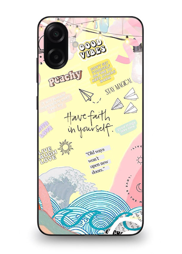 Pastel rainbow arc artwork printed on Samsung M13 5G glass back cover with dreamy tones.