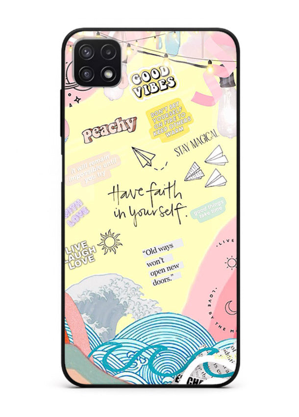Pastel rainbow arc artwork printed on Samsung F42 5G glass back cover with dreamy tones.
