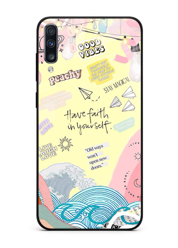 Pastel rainbow arc artwork printed on Samsung A50 glass back cover with dreamy tones.
