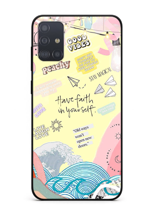 Pastel rainbow arc artwork printed on Samsung A71 glass back cover with dreamy tones.