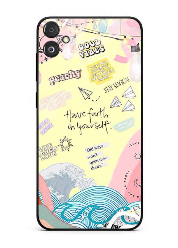 Pastel rainbow arc artwork printed on Samsung F14 5G glass back cover with dreamy tones.