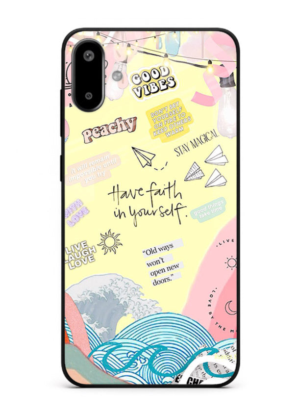Pastel rainbow arc artwork printed on Samsung F06 5G glass back cover with dreamy tones.