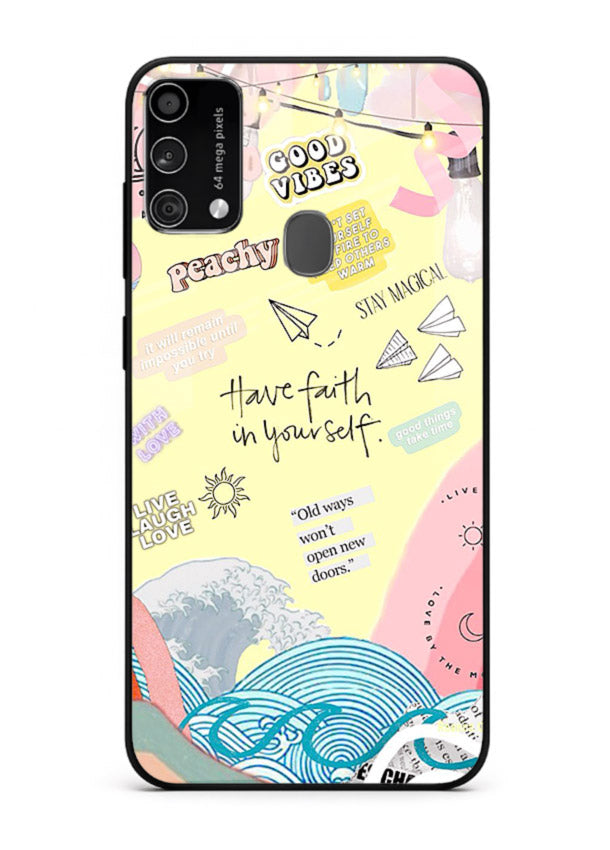 Pastel rainbow arc artwork printed on Samsung F41 glass back cover with dreamy tones.