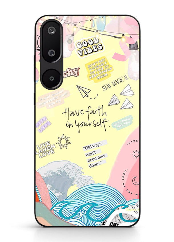 Pastel rainbow arc artwork printed on Samsung F16 5G glass back cover with dreamy tones.