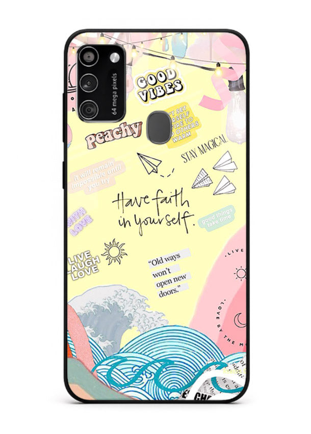 Pastel rainbow arc artwork printed on Samsung M30s glass back cover with dreamy tones.