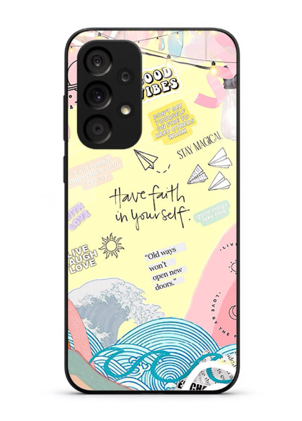 Pastel rainbow arc artwork printed on Samsung A23 5G glass back cover with dreamy tones.
