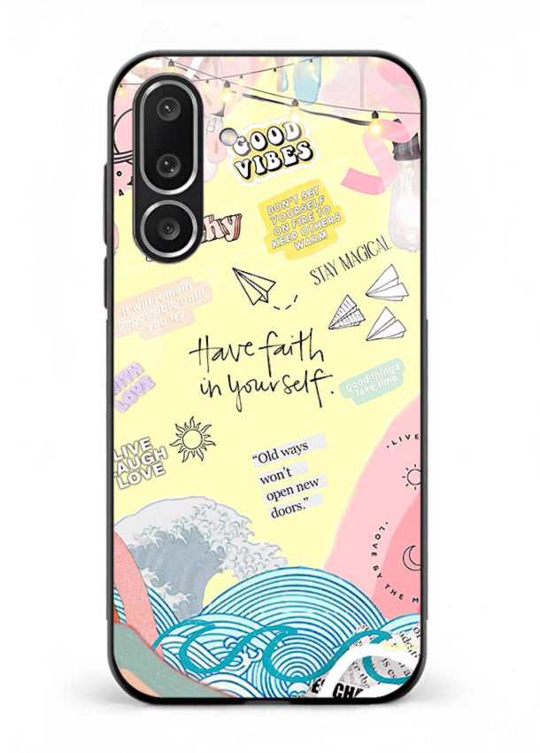 Pastel rainbow arc artwork printed on Samsung F56 5G glass back cover with dreamy tones.