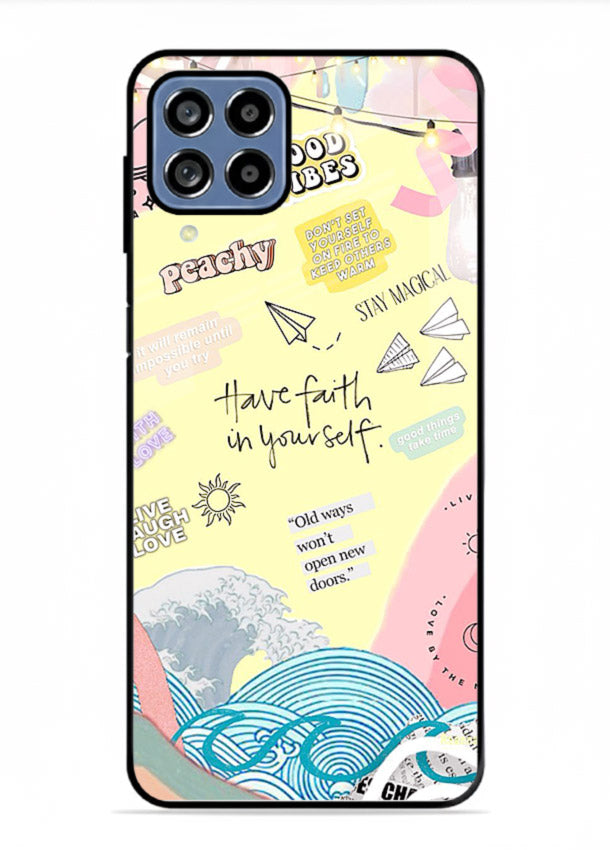 Pastel rainbow arc artwork printed on Samsung F12 5G glass back cover with dreamy tones.