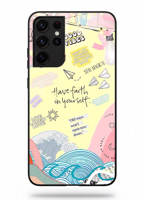 Pastel rainbow arc artwork printed on Samsung S21 Ultra glass back cover with dreamy tones.