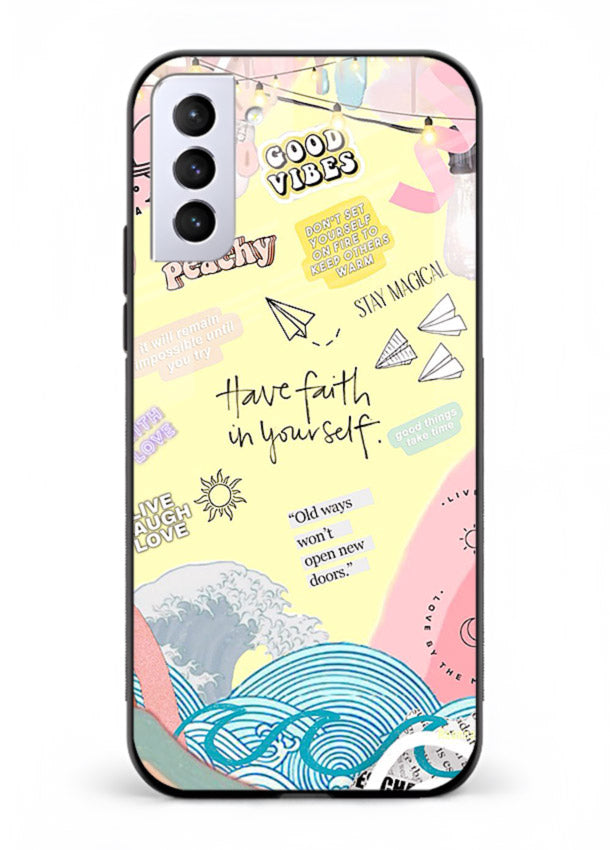 Pastel rainbow arc artwork printed on Samsung S21 FE glass back cover with dreamy tones.