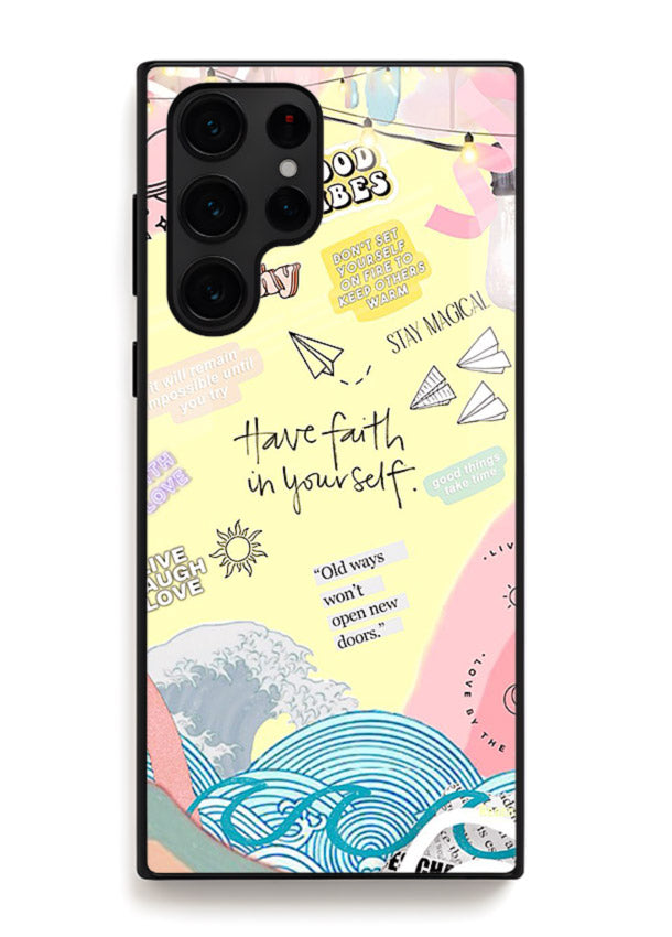 Pastel rainbow arc artwork printed on Samsung S25 Ultra glass back cover with dreamy tones.