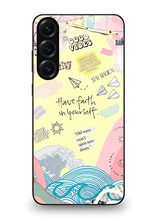 Pastel rainbow arc artwork printed on Samsung M34 5G glass back cover with dreamy tones.