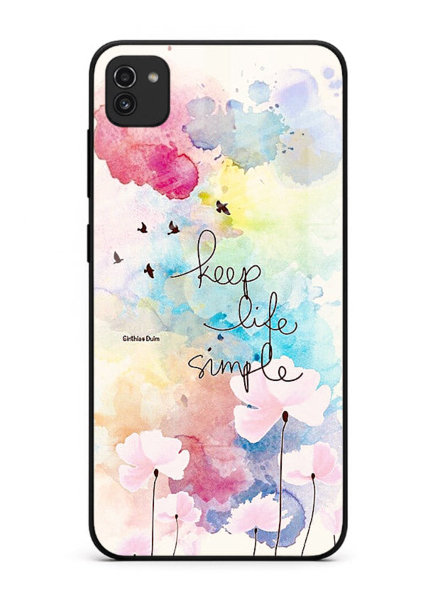 Soft watercolor floral artwork printed on Samsung A03 glass back cover with minimal style.