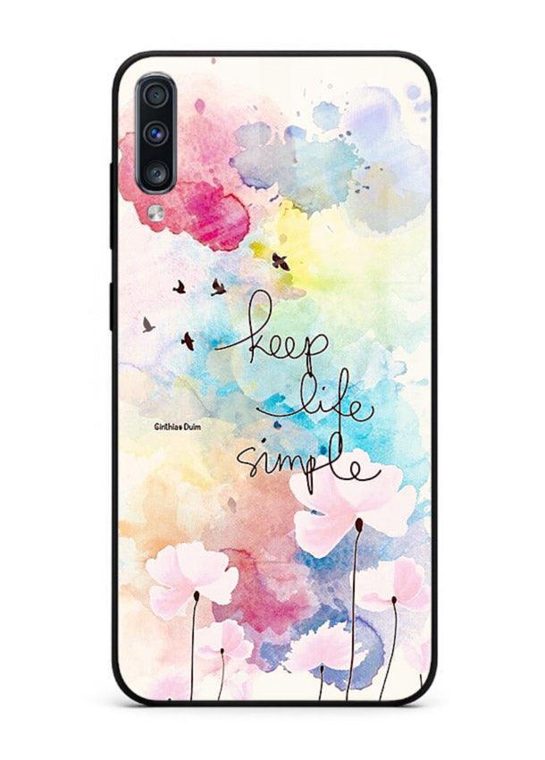 Soft watercolor floral artwork printed on Samsung A70 glass back cover with minimal style.
