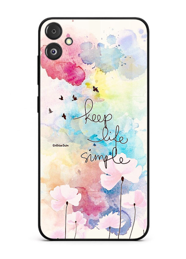 Soft watercolor floral artwork printed on Samsung F05 5G glass back cover with minimal style.