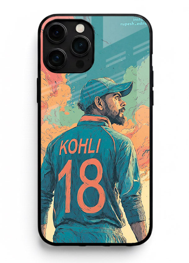 Kohli number eighteen artwork printed on premium tempered glass iPhone 13 Pro Max back cover