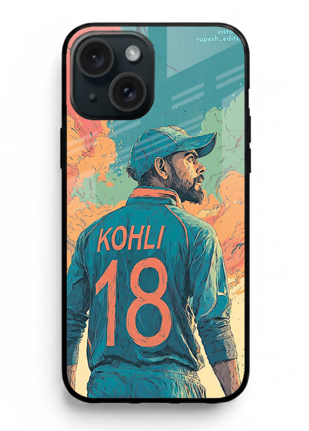 Kohli number eighteen artwork printed on premium tempered glass iPhone 14 Plus back cover