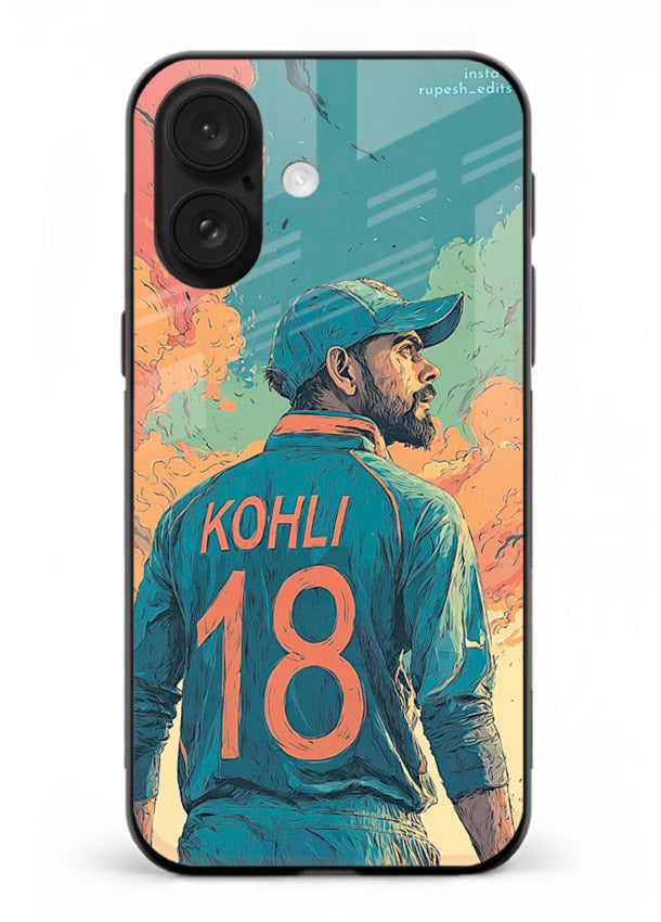 Kohli number eighteen artwork printed on premium tempered glass iPhone 16 back cover