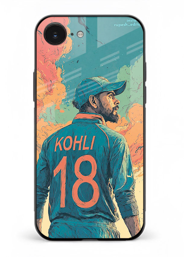 Kohli number eighteen artwork printed on premium tempered glass iPhone 16E back cover