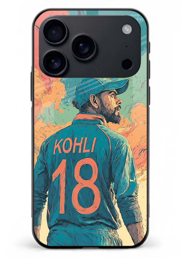 Kohli number eighteen artwork printed on premium tempered glass iPhone 18 Pro Max back cover
