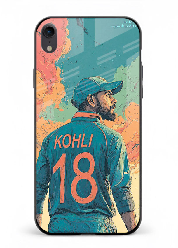 Kohli number eighteen artwork printed on premium tempered glass iPhone XR back cover