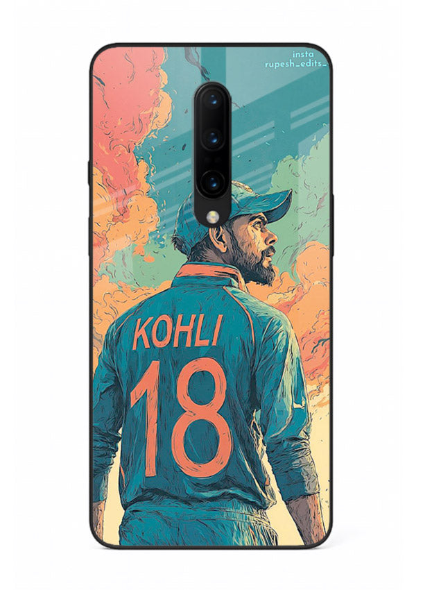 Kohli number eighteen artwork printed on premium tempered glass OnePlus 7 Pro back cover