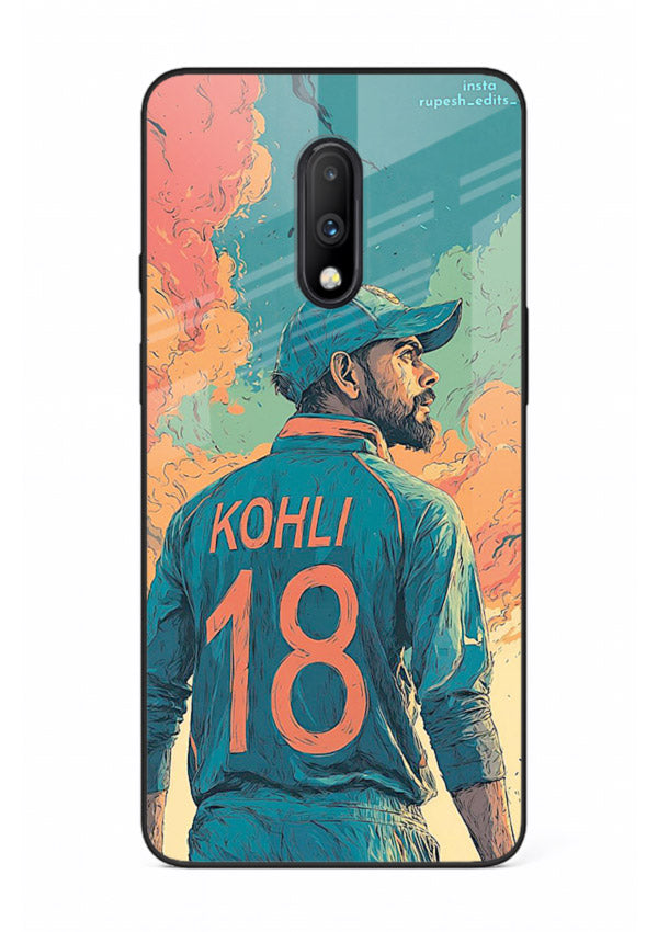 Kohli number eighteen artwork printed on premium tempered glass OnePlus 7 back cover