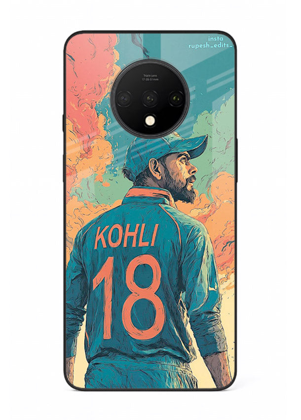 Kohli number eighteen artwork printed on premium tempered glass OnePlus 7T back cover