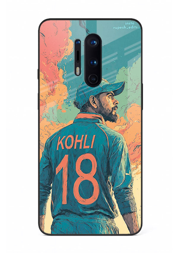 Kohli number eighteen artwork printed on premium tempered glass OnePlus 8 Pro back cover