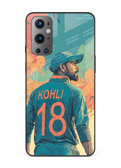 Kohli number eighteen artwork printed on premium tempered glass OnePlus 9 back cover