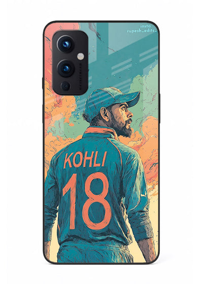 Kohli number eighteen artwork printed on premium tempered glass OnePlus 9 Pro back cover
