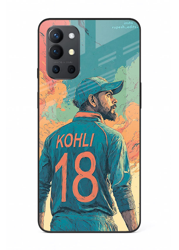 Kohli number eighteen artwork printed on premium tempered glass OnePlus 9R back cover