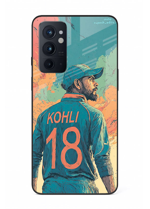 Kohli number eighteen artwork printed on premium tempered glass OnePlus 9RT back cover