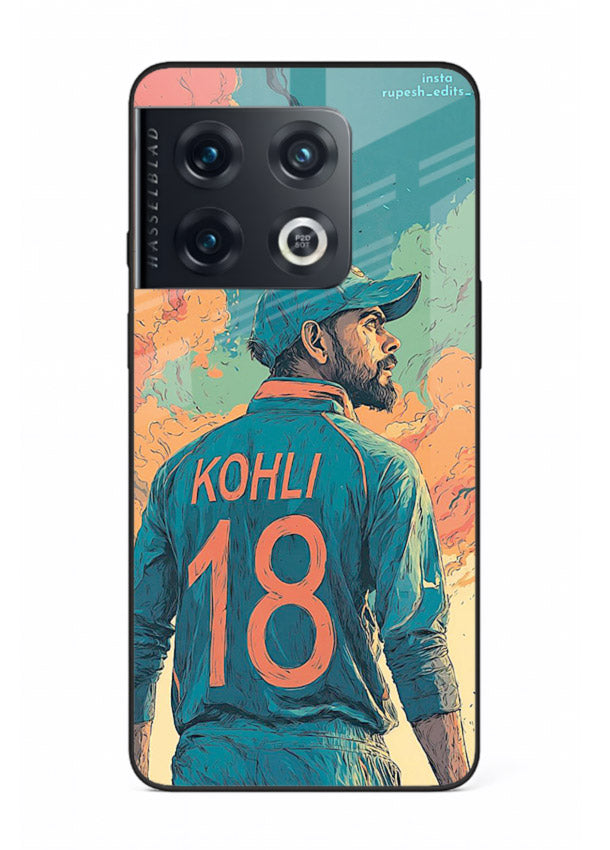 Kohli number eighteen artwork printed on premium tempered glass OnePlus 10 Pro back cover
