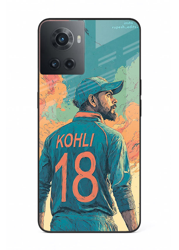 Kohli number eighteen artwork printed on premium tempered glass OnePlus 10R back cover
